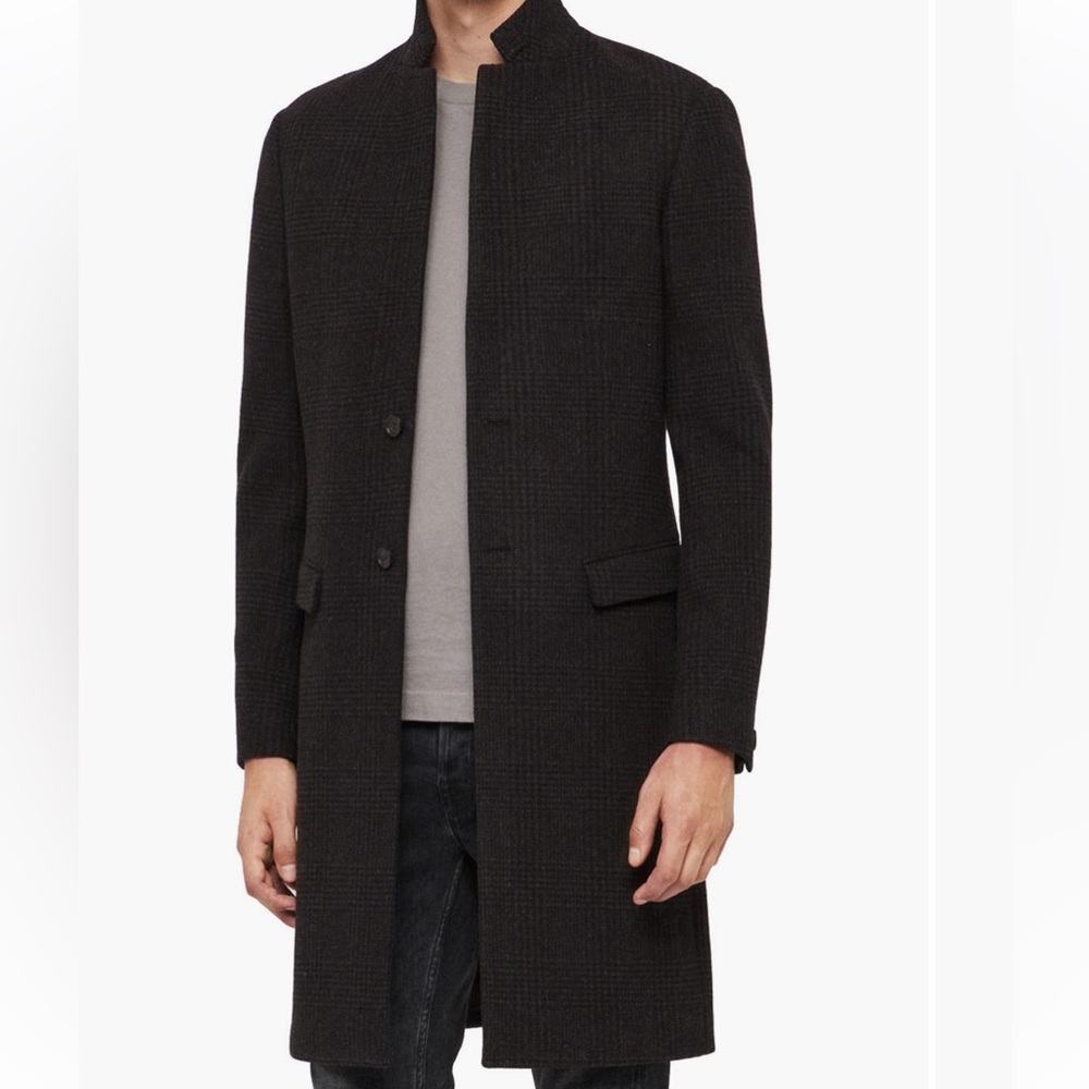 AllSaints Black/Charcoal Glen Plaid Single-Breasted Wool Blend Topcoat